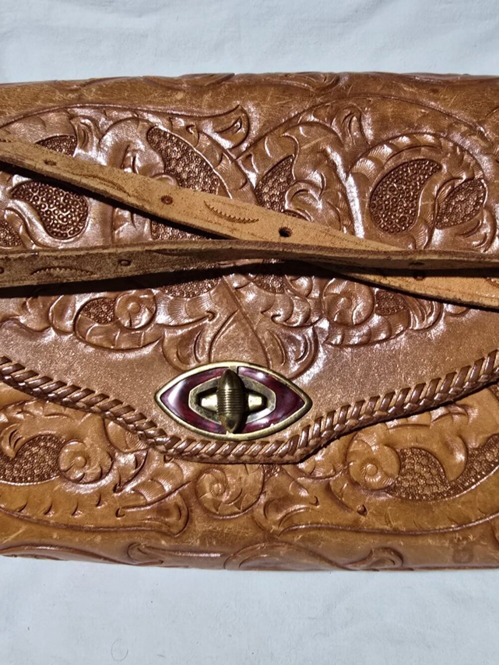 Vintage 70s Hand Tooled Leather Crossbody Bag Boho Western Whipstitch Brown